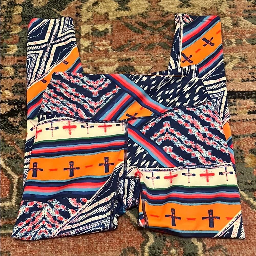 #1006 FREE PEOPLE Multi Color Navy Orange Geometric & Stripe Print Leggings